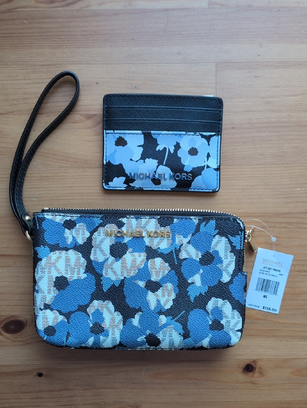 Michael Kors Black and Blue Floral Wristlet with Card Case